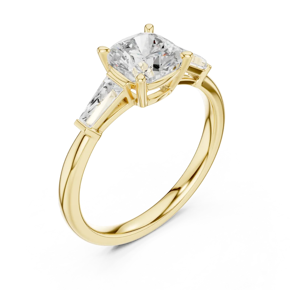 Discover the Luminary cushion cut Solitaire ring, featuring a brilliant DIAMEUR diamond and sleek baguettes. Elevate your jewelry collection today.