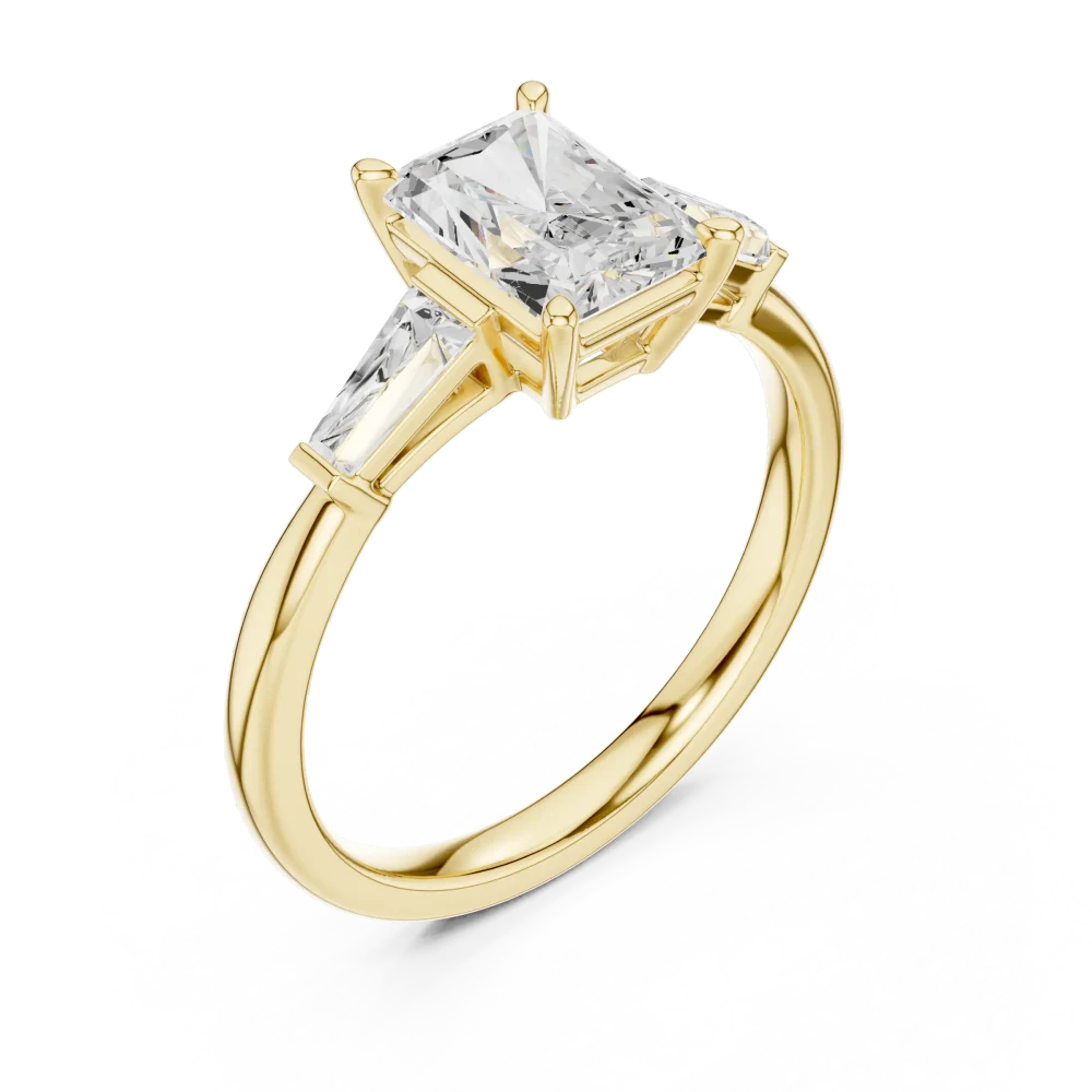 Discover this radiant-cut Solitaire engagement ring featuring tapered baguettes. Expertly crafted with DIAMEUR lab-grown diamonds. Shop today.