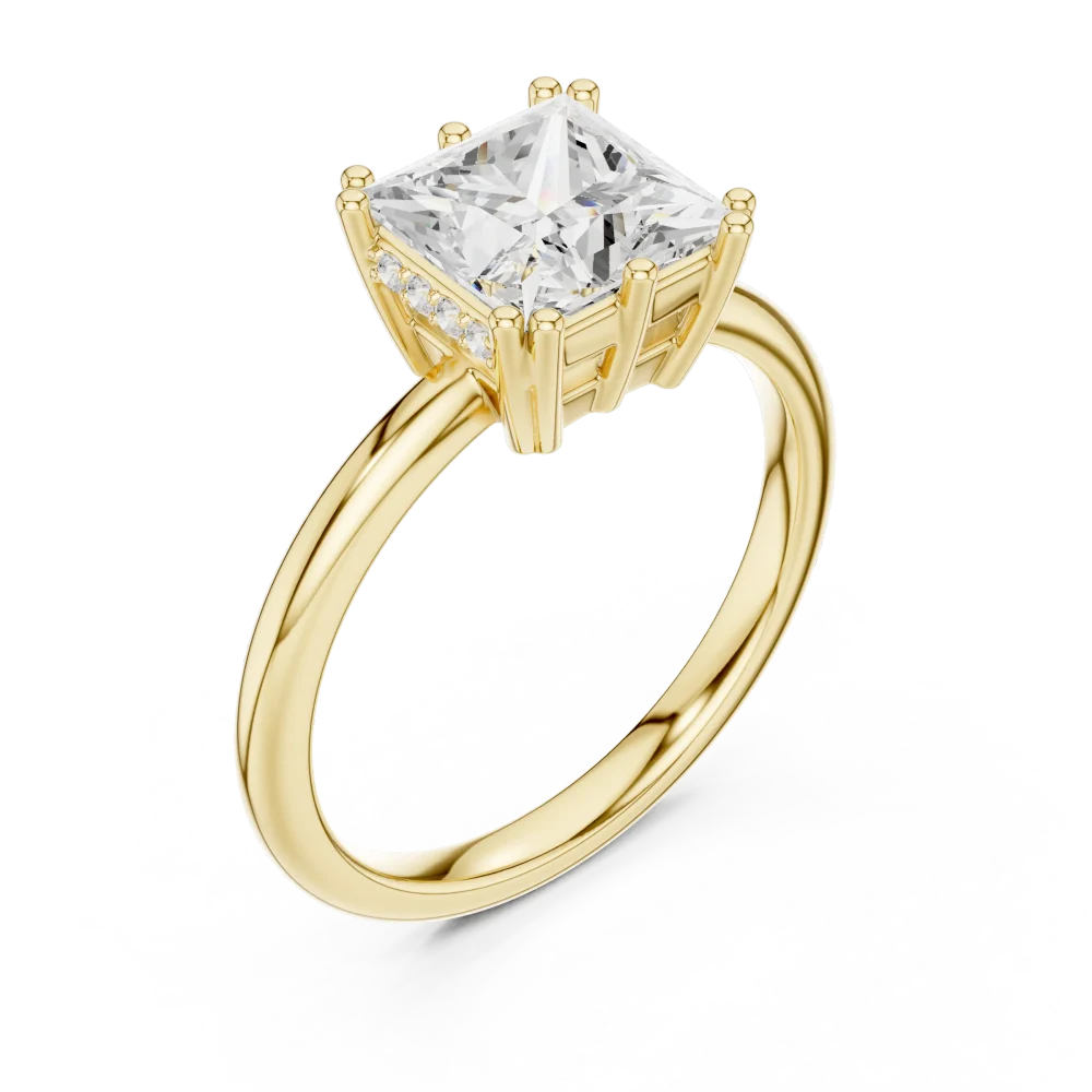 Experience the architectural elegance of this princess cut ring, featuring radiant DIAMEUR diamonds. Discover your new modern classic treasure today.