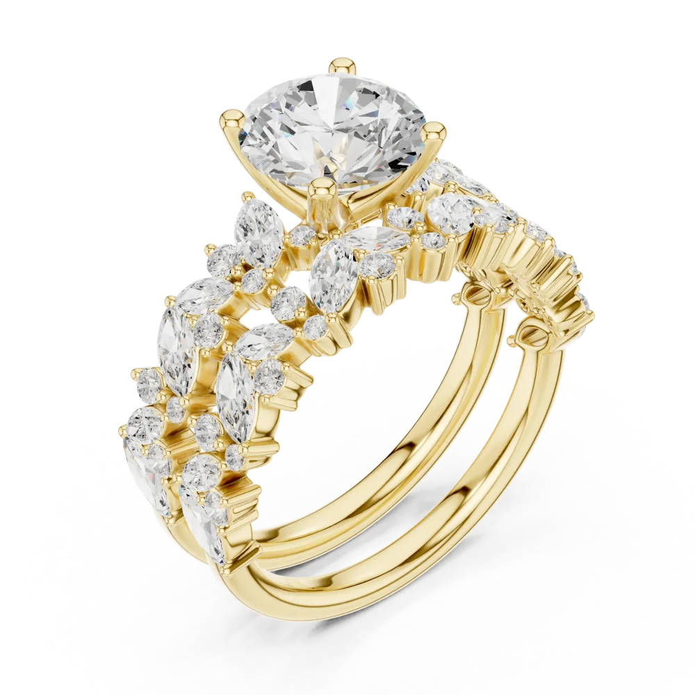Discover the radiant elegance of our round Solitaire ring, featuring a botanical marquise halo. Experience sustainable luxury and brilliance. Shop now.
