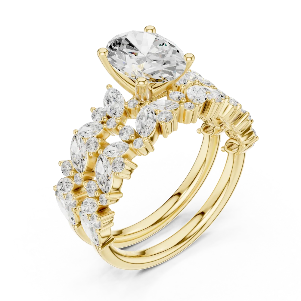 Experience the brilliance of this Ethereal Oval Solitaire ring, featuring a stunning cluster of DIAMEUR diamonds. Discover sustainable luxury today.