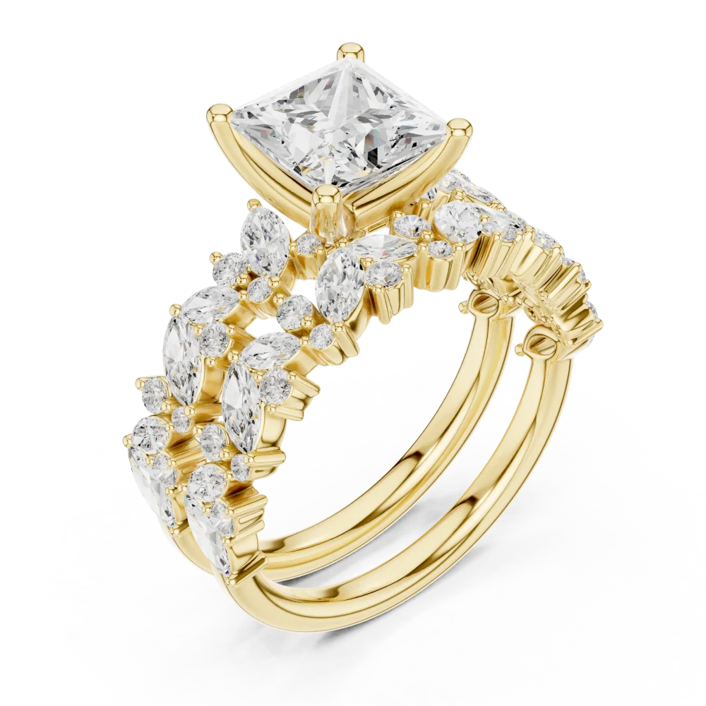 Experience modern elegance with this princess-cut Solitaire ring, featuring a brilliant DIAMEUR diamond set in a stunning marquise halo. Shop today.