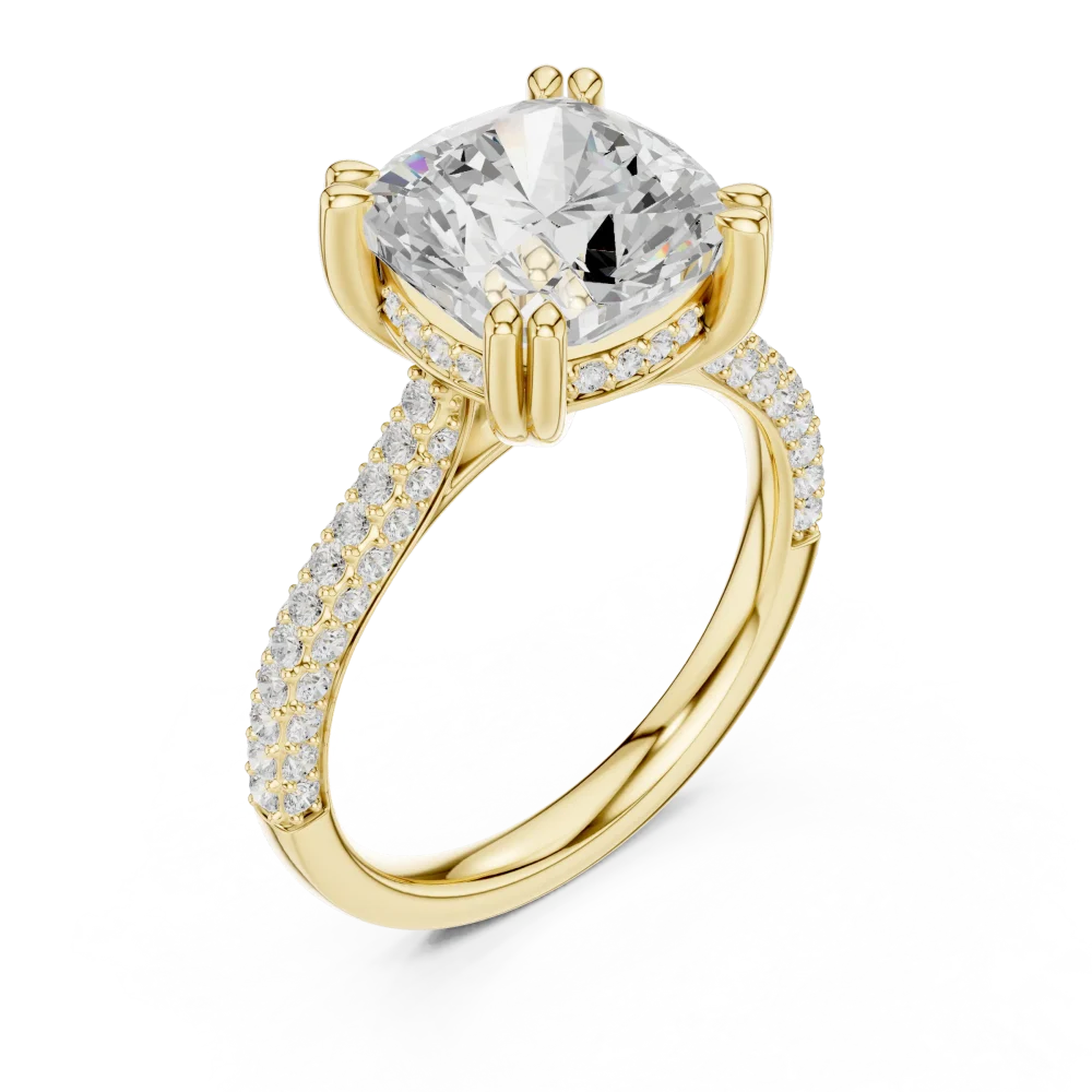 Discover the radiant beauty of this cushion cut Solitaire ring. Featuring pristine DIAMEUR diamonds in an elegant pavé setting, find your perfect fit today.